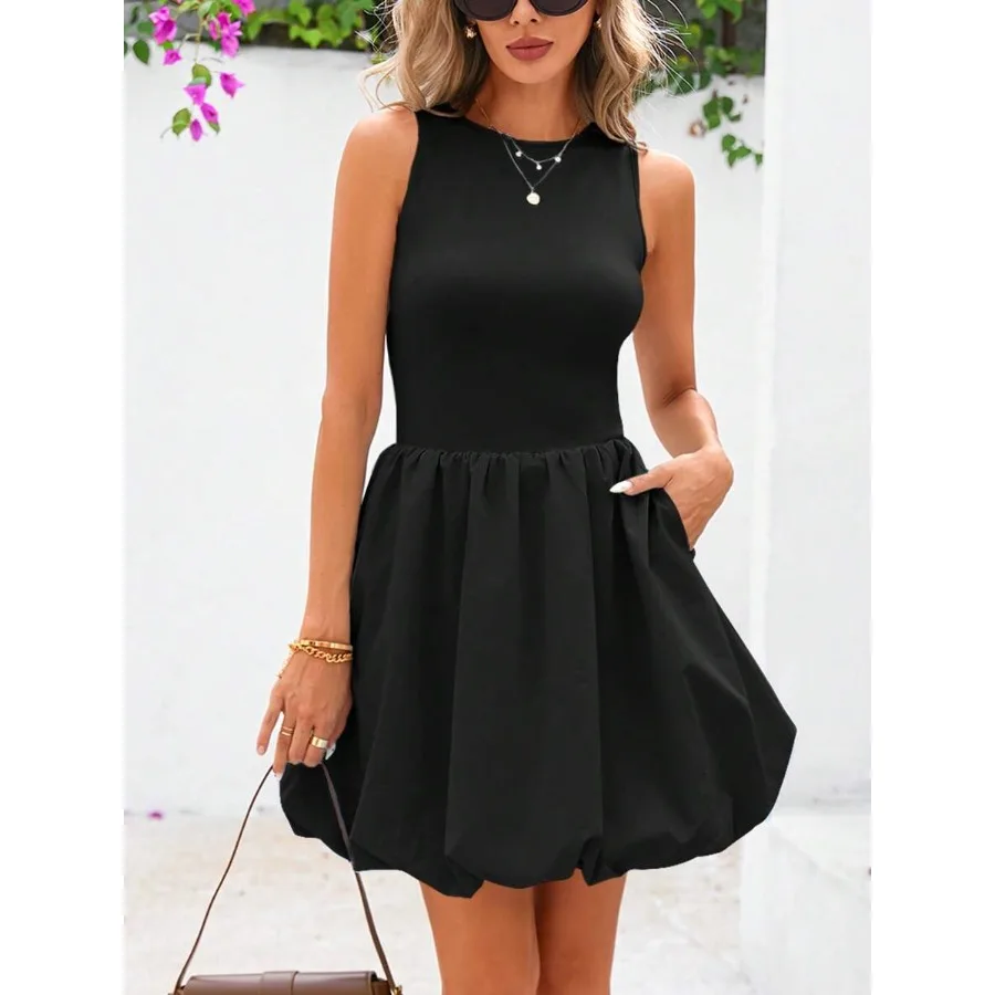 

【New style】Women's Summer Dress Casual Sleeveless Vest Cute Mini Skirt Round Neck Bubble Skirt Pocket