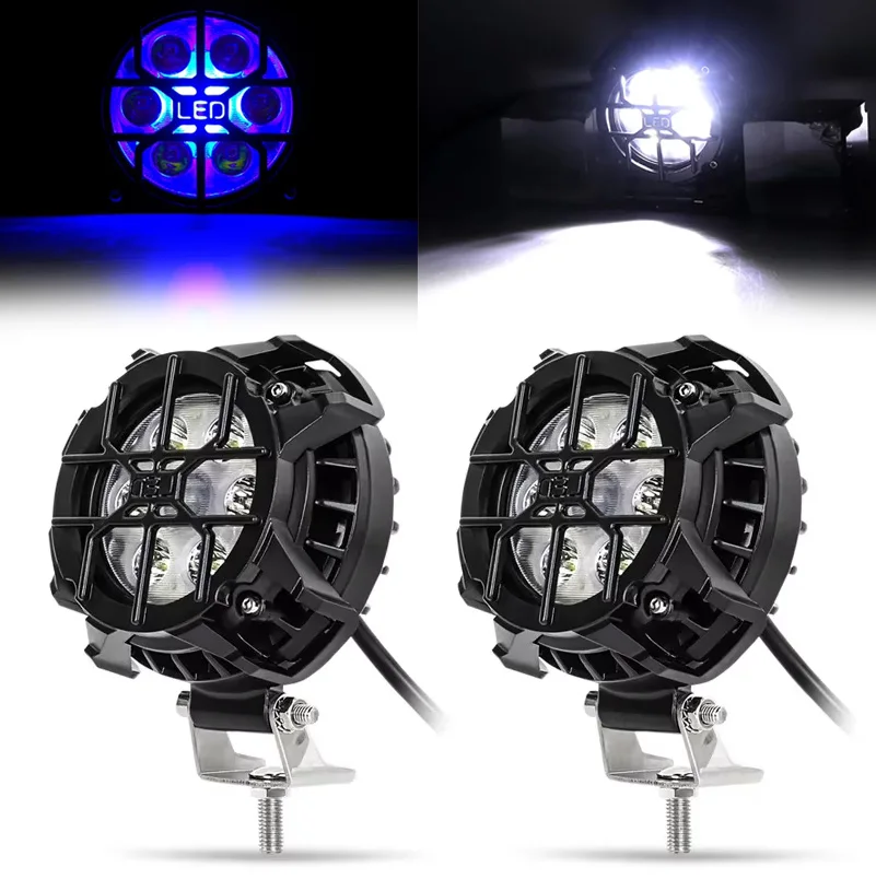 1/2PCS LED Work Headlight With protective net Lamp Trucks Pickups Offroad Fog white blue Light Motorcycle Bikes Spotlight