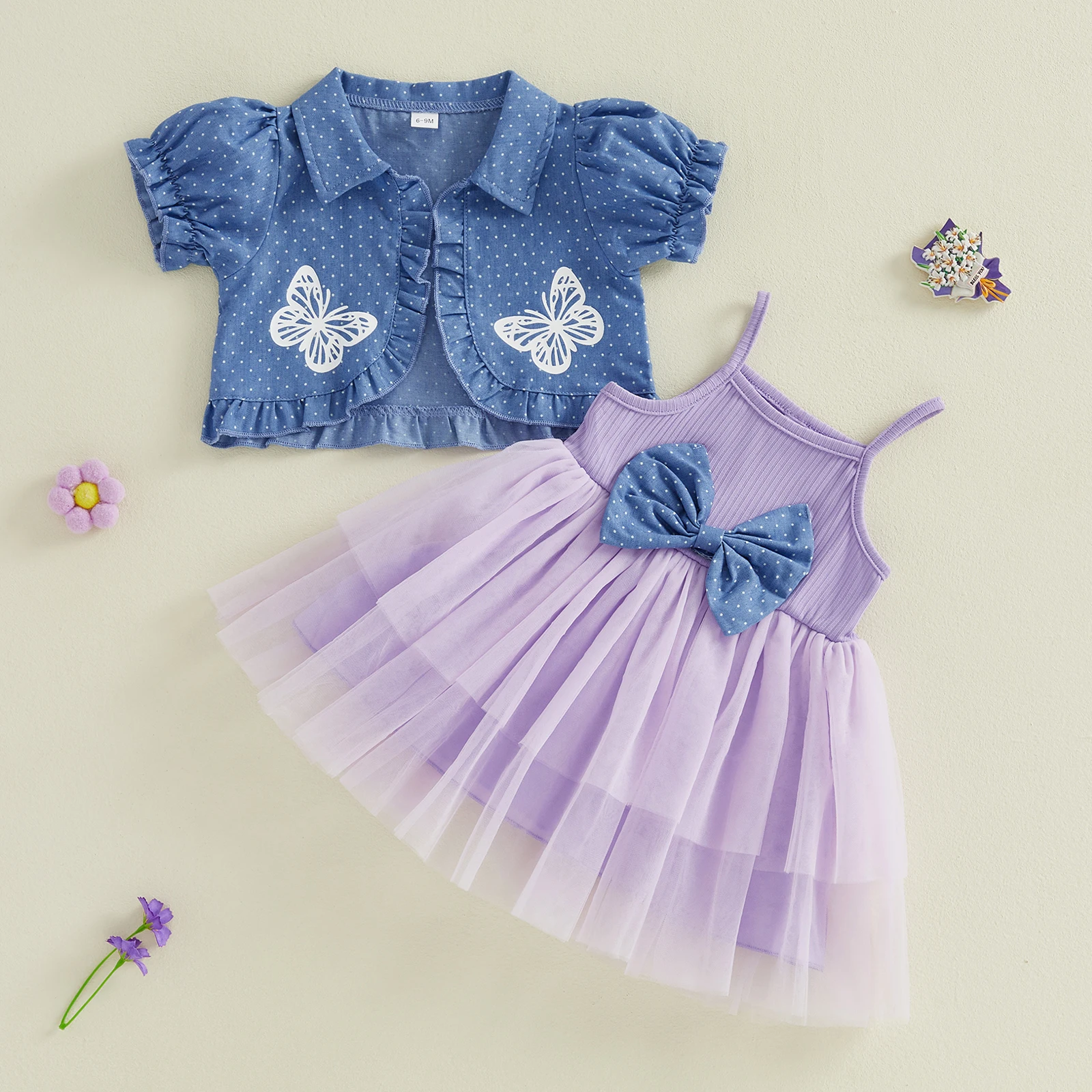 2026 Summer Toddler Girl Outfits Tulle Spaghetti Strap Bow A Line Dress with Dot Butterfly Print Short Puff Sleeve Cardigan