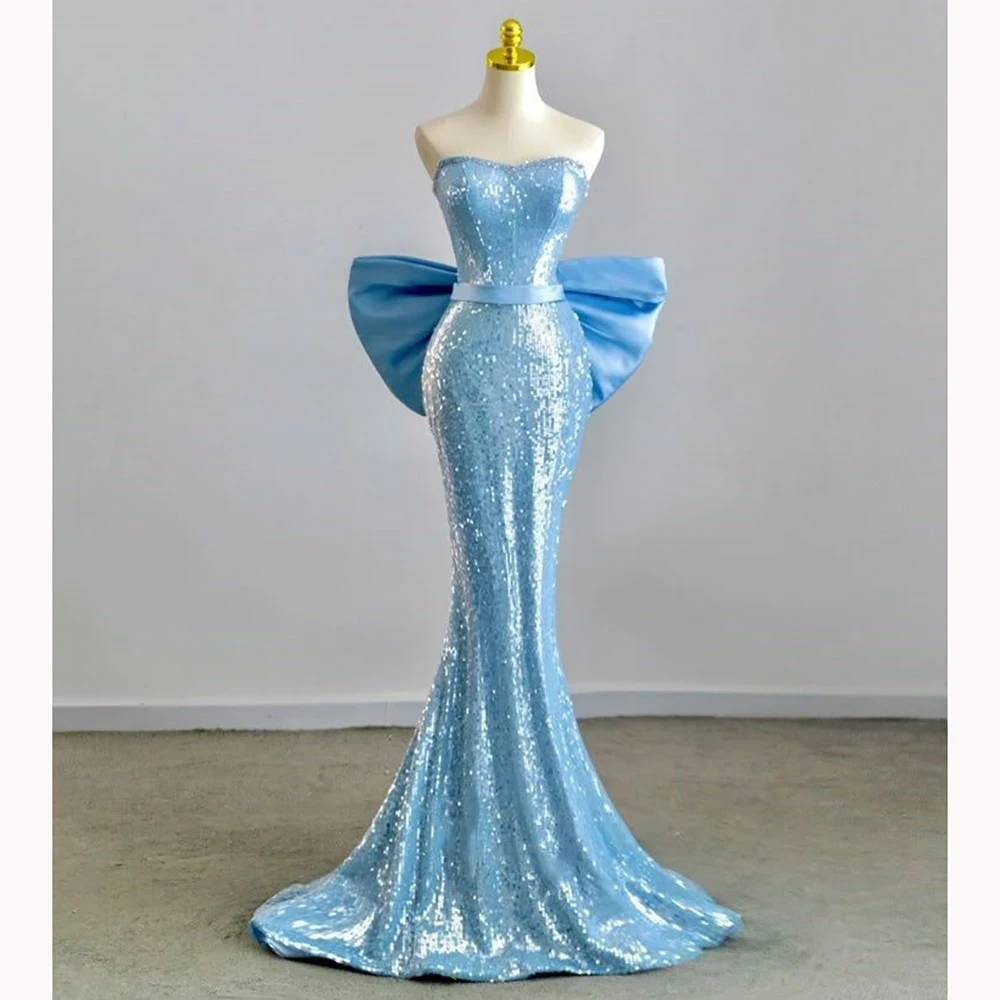

Customized Blue Iridescent Sequins Strapless Sleeveless Sheath Bow Prom Gown Elegant Striking Ravishing Formal Dress for Women