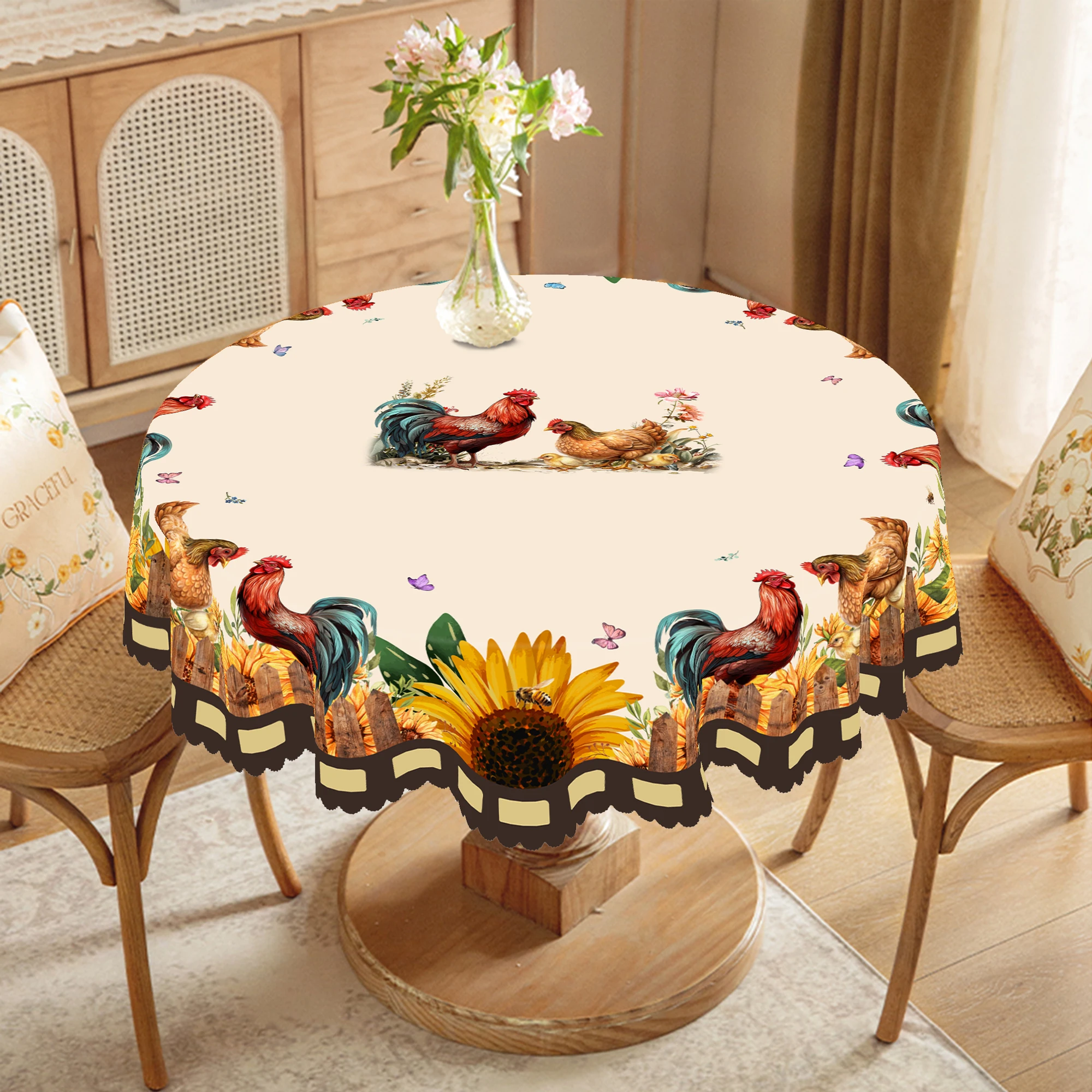 1 Piece of Vintage Farmhouse Round and Rectangular Tablecloth, Available in Various Sizes, with a Countryside Rooster and Bright Sunflowers, Featuring a Printed Tablecloth Adorned with Colorful Flowers and Lively Butterflies, with Embossed Edges, Suitable for Use on Home Dining Tables, Kitchen Tables, Patio Picnics, Etc., Spring and Summer Home Decor, a Healing Lifestyle Aesthetic Gift