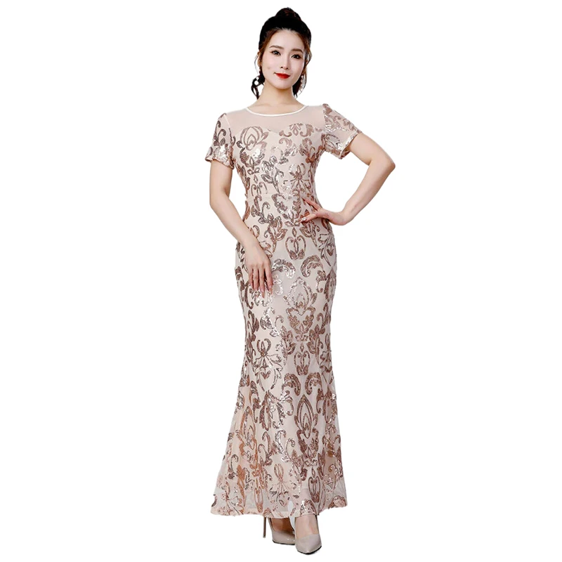 Damen Pailletten-Meerjungfrauenkleid, langes Abendkleid, kurze Ärmel, formelles Kleid für Party, Bankett, Bühnenauftritt, Hochzeitsgast, Maxikleid – Detail 6