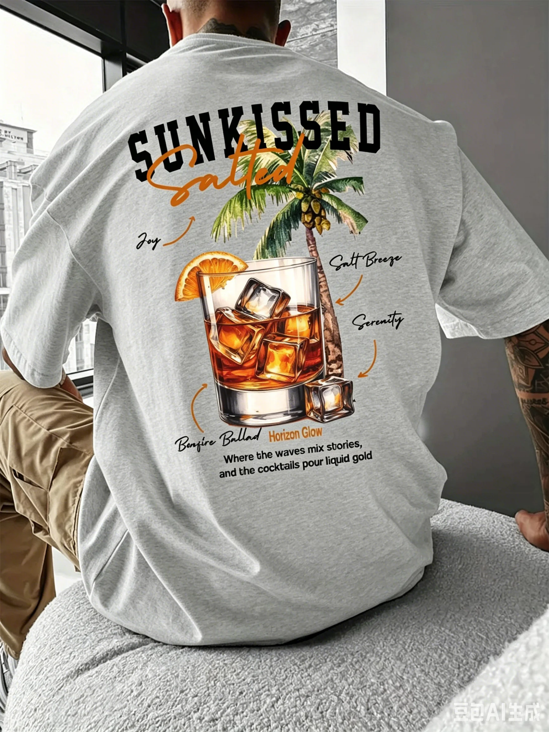 Summer Men's Round-neck Cotton T-shirt - American Retro Coconut and Cocktail Pattern Comfortable and Breathable Top