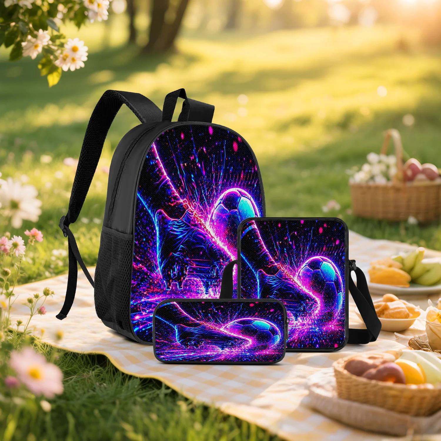 3-Piece Neon Soccer Print Backpack Set, Includes Backpack, Crossbody Bag and Pencil Case, Lightweight Unisex Bag
