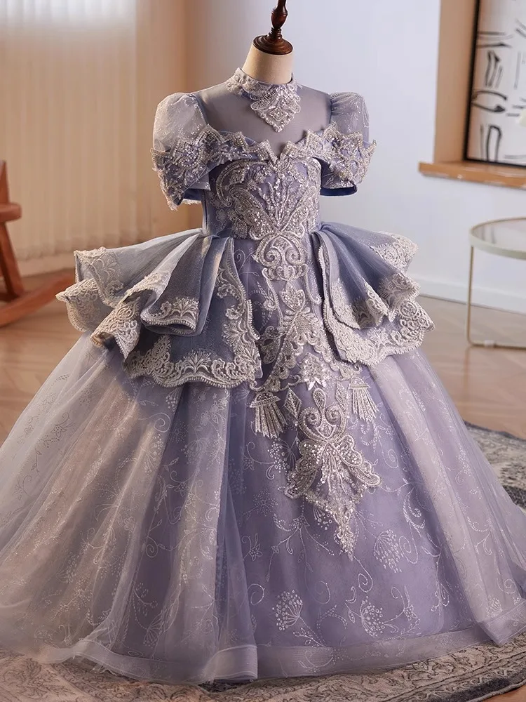 Children's High-End Formal Dress Princess Gown Puffy Tulle Flower Girl Wedding Host Little Girl Piano Performance Dress Purple S