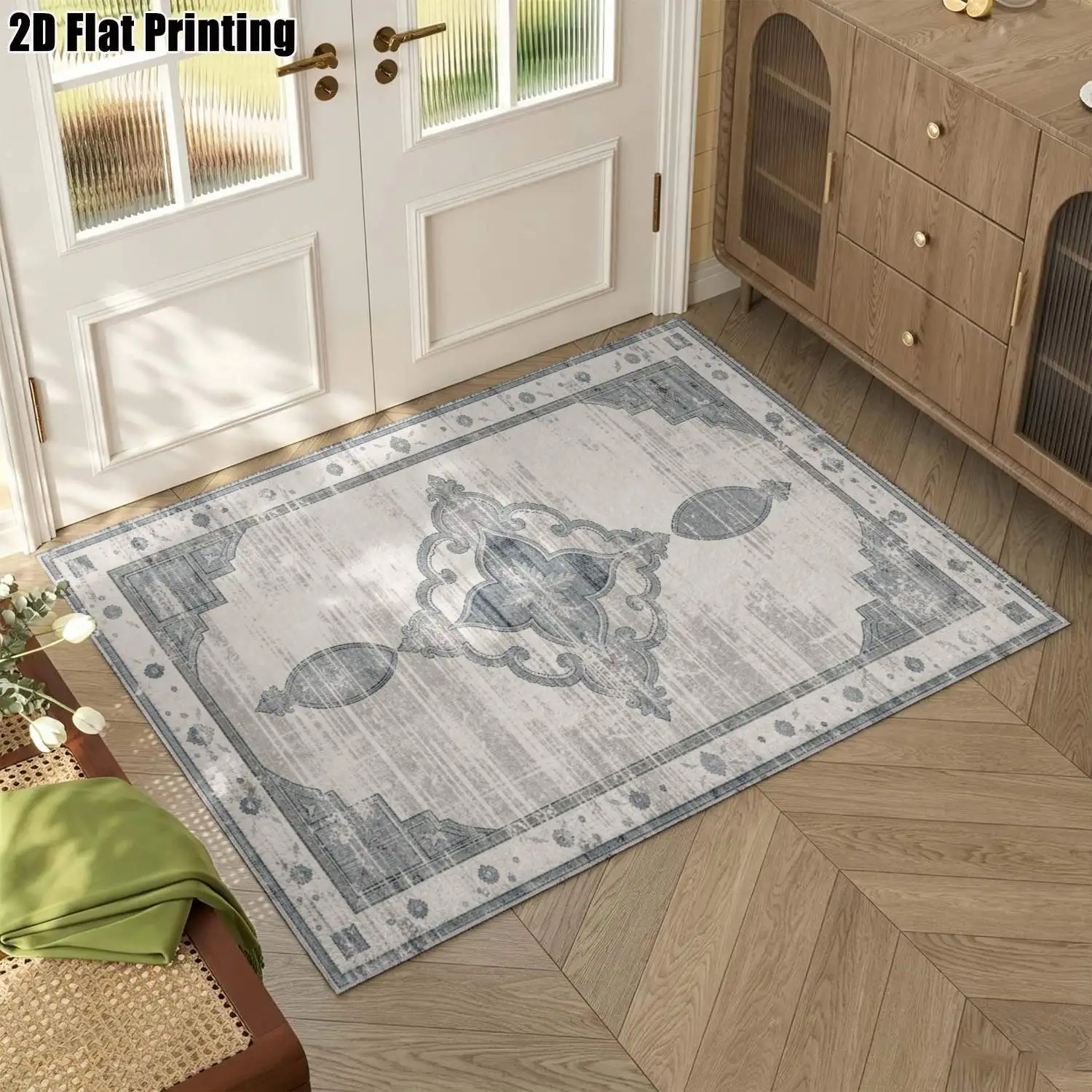 1Pc 2D Printed Carpet: Blue-Grey Retro Geometric Patterns, Vintage European Style, Home Decor, Multiple Sizes, Machine Washable, Suitable for Entrance, Living Room, Bedroom, Dining Room & Foyer