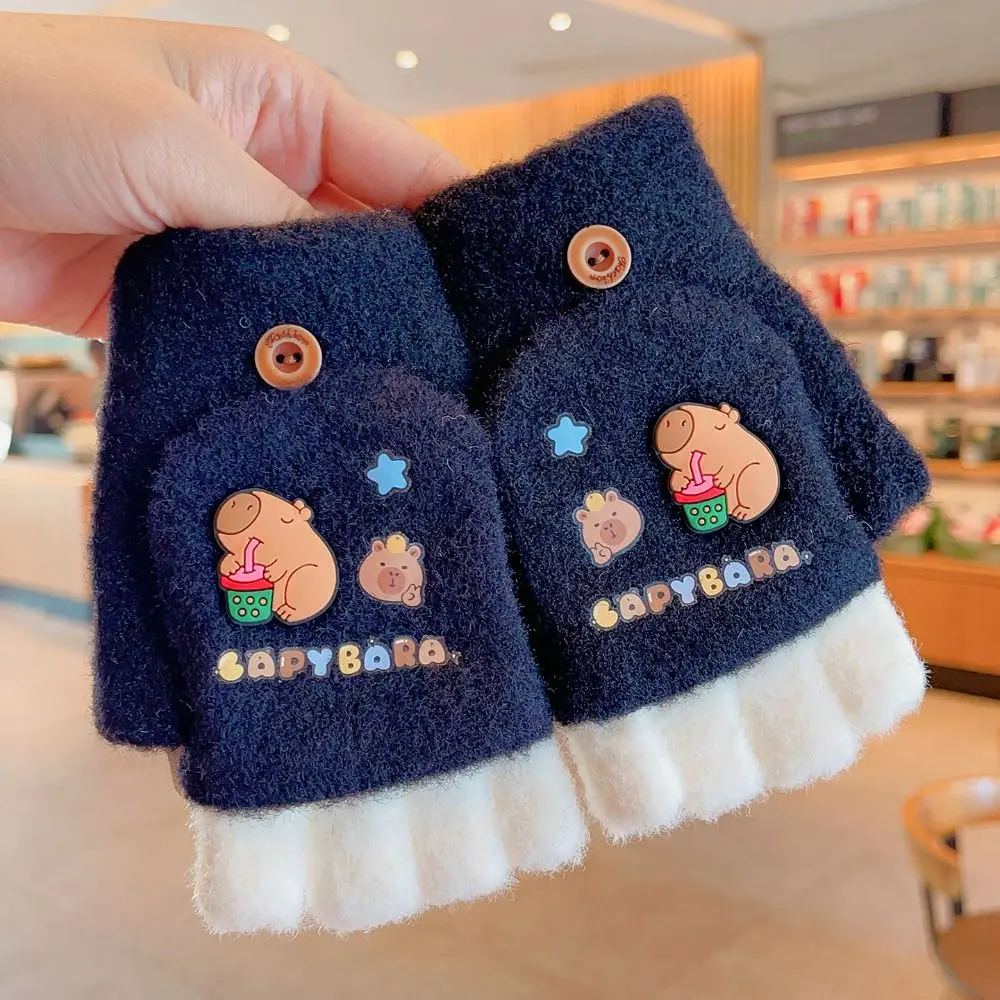 Nouveau 5-12 ans Capybara hiver gants à rabat épaissi élastique demi doigt gants chaud résistant au froid enfants tricoté mitaine en plein air