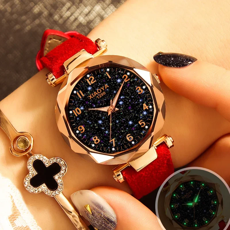 Luxury Starry Sky Watch for Women Fashion Ladies Quartz Wristwatch Red Leather Waterproof Clock Relogio Feminino Zegarek Damski