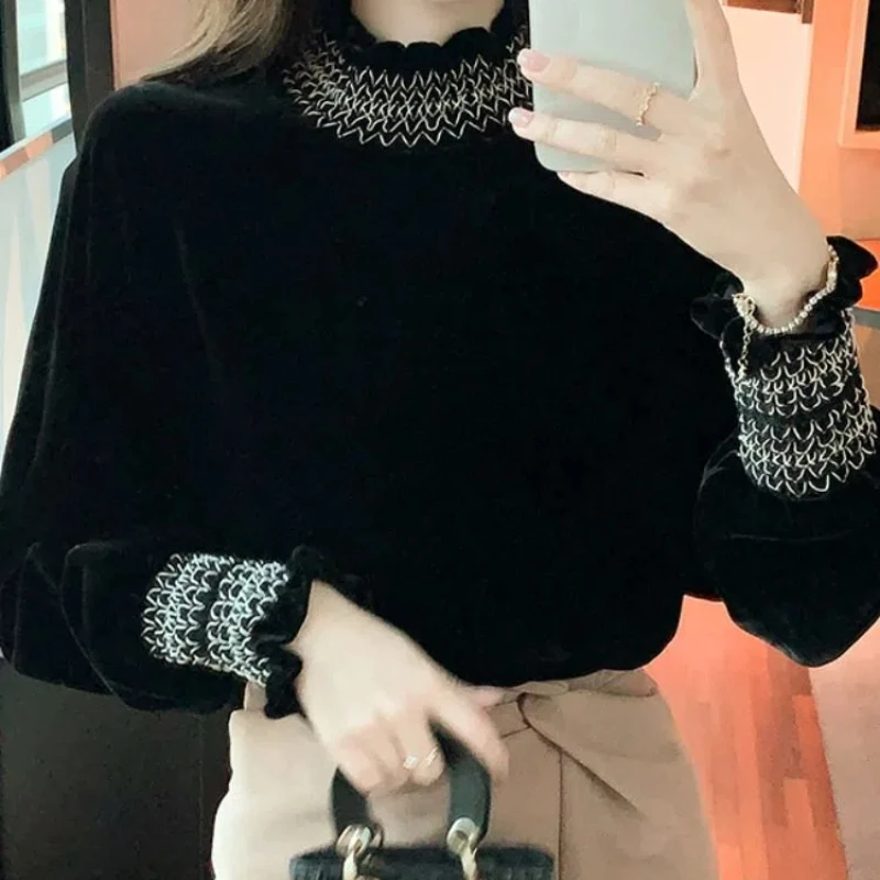 French Style Fashion Autumn Winter Women\'s Golden Velvet Mock Neck Patchwork Simplicity Office Lady Long Sleeve Loose Shirts Top