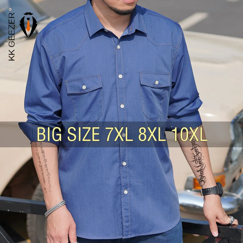Los hombres camisa Denim Oversize Plus tamaño 6XL 7XL 8XL 10XL casuales de moda de vaquero azul bolsillos suelto de manga larga de algodón de alta calidad