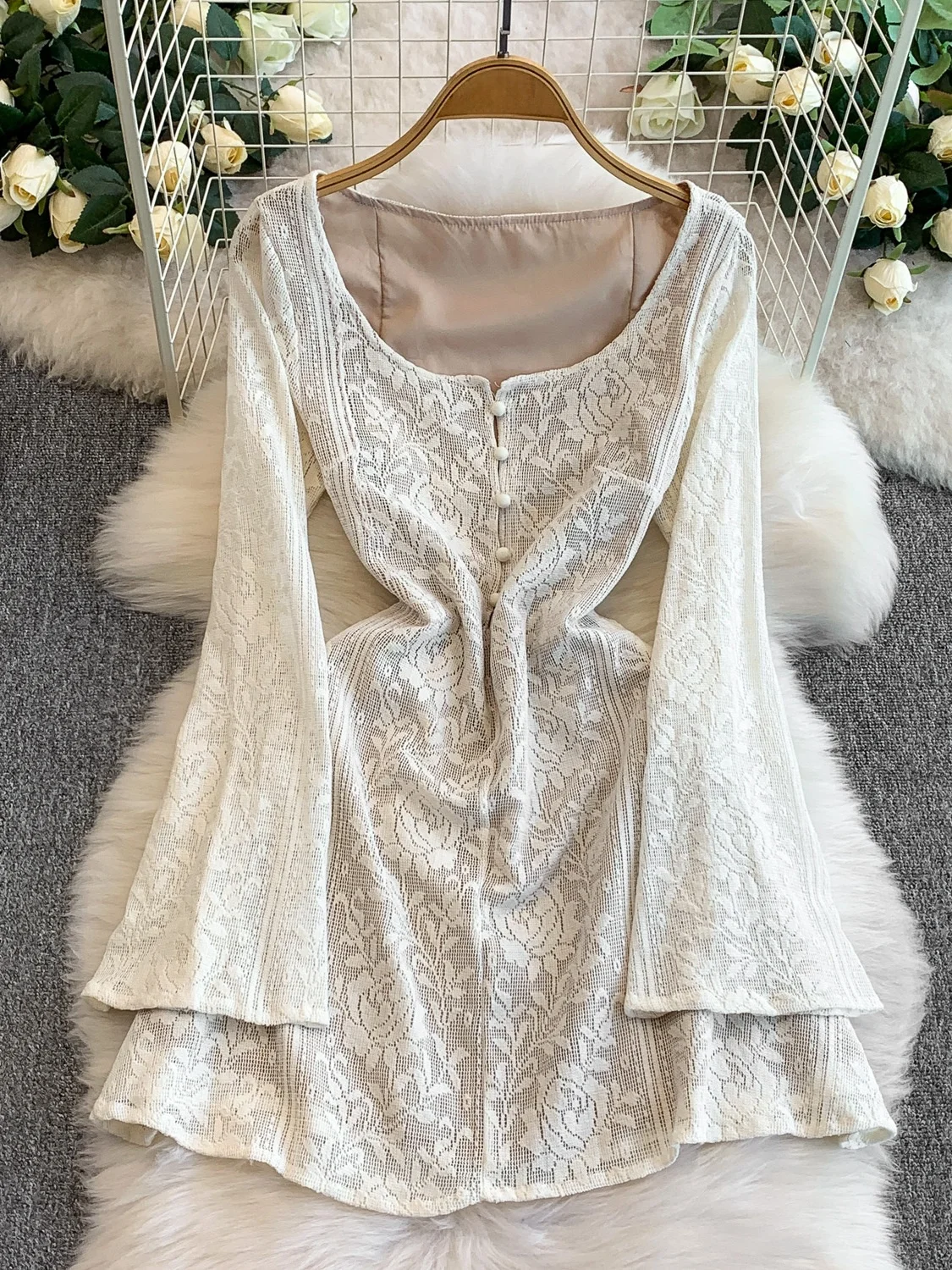 Ele Lace Splice Slim Fit Dr mit Glocke Sves Low Cut rund Ne Hollow Out Design für Frauen Autumn Faion ort Dr