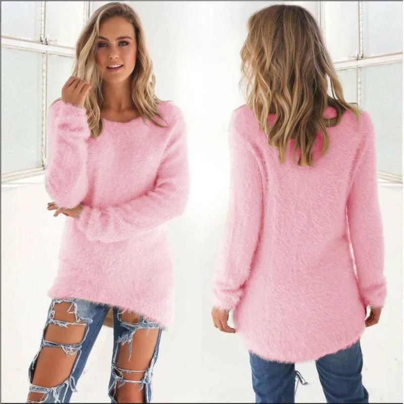 Plus Size Fashion Women\'s Loose Sweater Long Sleeve Plush Plush Warm Pullover Solid Color Round Neck Top Pullover Sweater