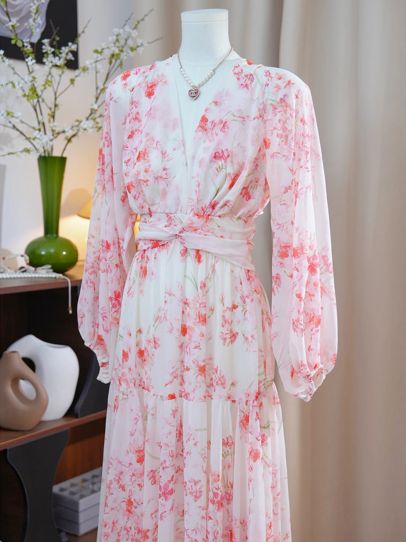 

Spring Cherry Blossom Pink Long Sve Waist-Cinching Fairy Dr Tall Women's Dr Floral Print High Waist Long Skirt