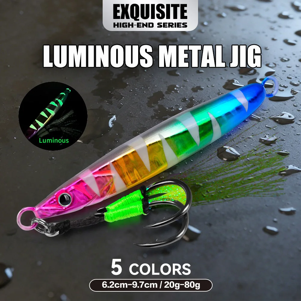 1pc Luminous Metal Jig 20g 30g 40g 60g 80g Fishing Lure 2 Hooks Hard Bait Saltwater Lures Long Cast Deep Sea Boat Fishing Tackle