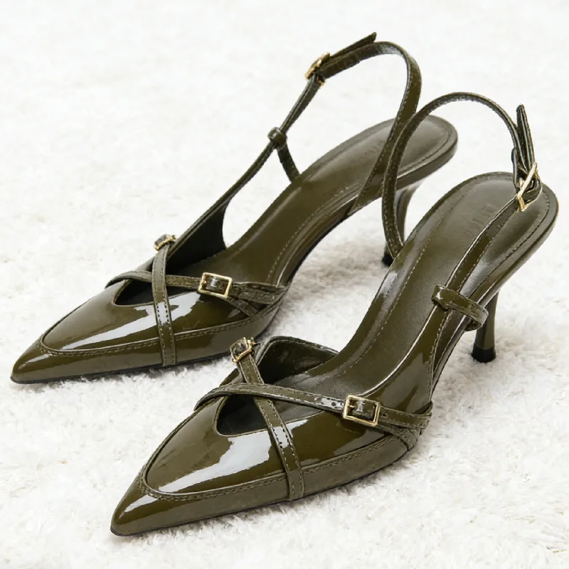 Diseñador de marca elegante tacones altos mujer moda cinturón cruzado hebilla diseño Stiletto sandalia Sexy puntiagudos vestido bombas para damas