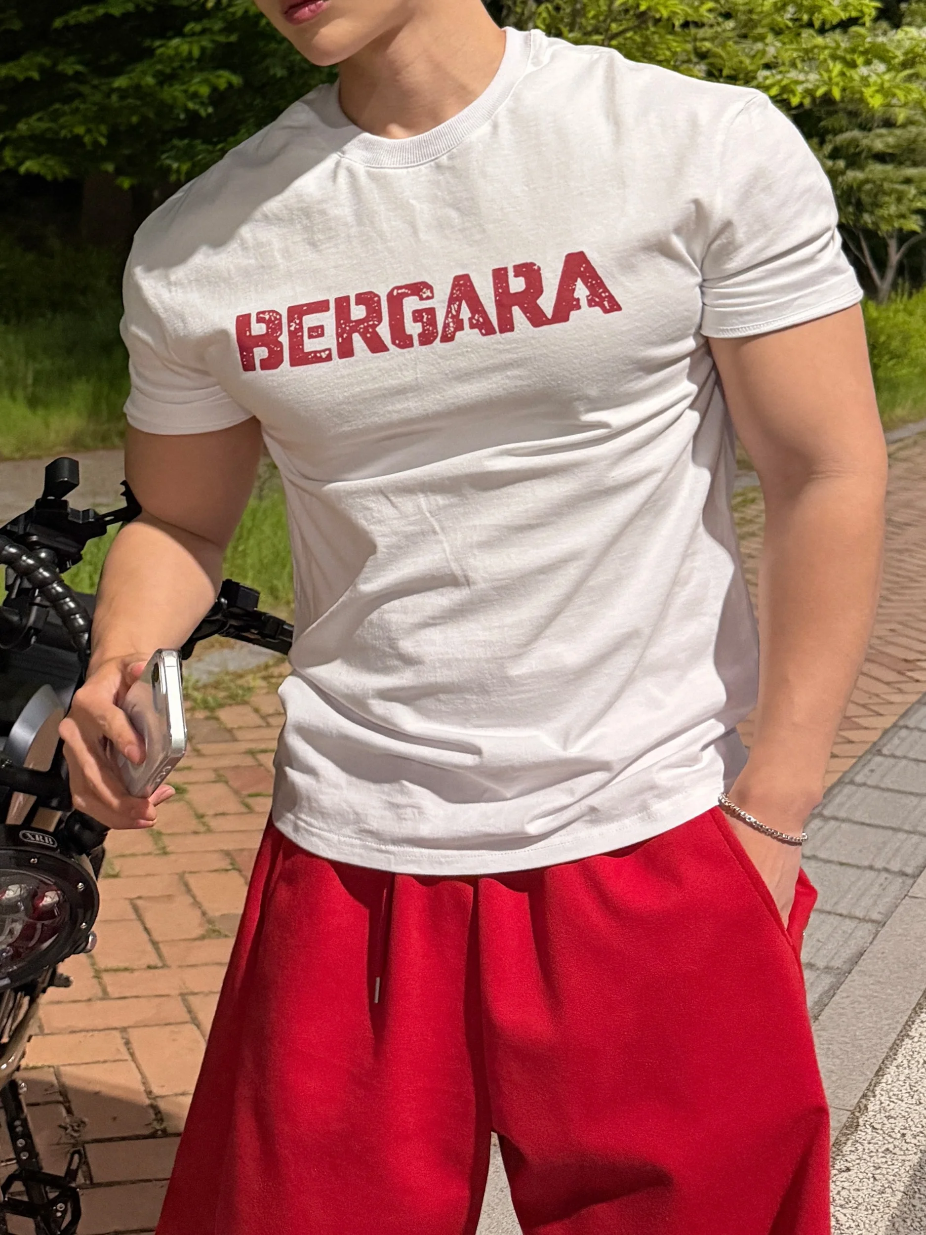 Korean Style Muscle Fitness T-Shirt Short Sleeve Elastic Neckline Sporty Casual Slim Fit Leisure Top round Neck Print Pattern