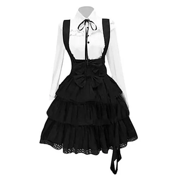 Vestido Lolita de manga comprida feminino, Roupa Cosplay, Camisa até o joelho, Preto, Clássico, Vintage, Inspirado, Anime, Menina