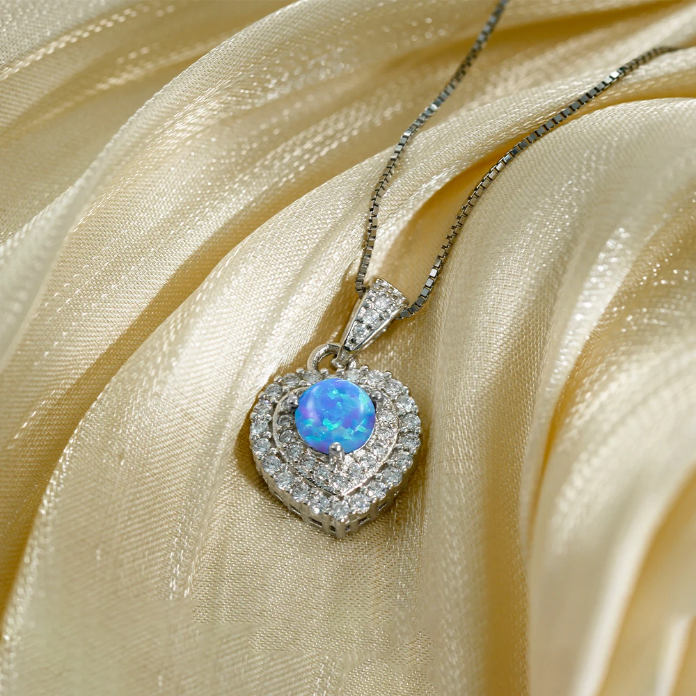 

Sterling Silver Fire Opal Pendant Heart Shaped Halo Pendant for Ladies Necklace