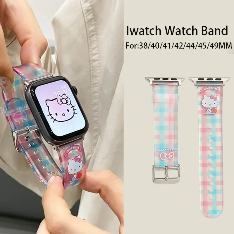 Sanrio Hello Kittys Kuromi Apple Iwatch Watchbands Cute Cartoon Transparent Iwatch S7 8 9 40 44 45 MM Watchbands Birthday Gifts