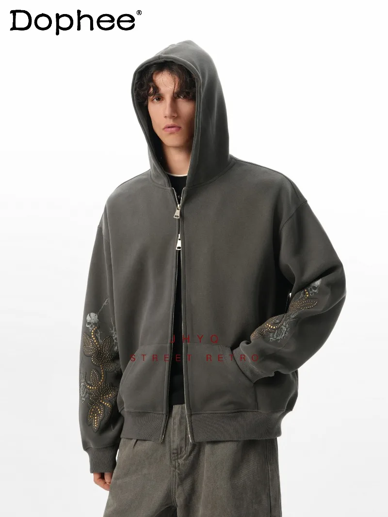 سويت شيرت بقلنسوة برشام عالي التحمل من American Retro Fashion Trend فضفاض كاجوال للخريف والشتاء سترة صوفية أنيقة للرجال