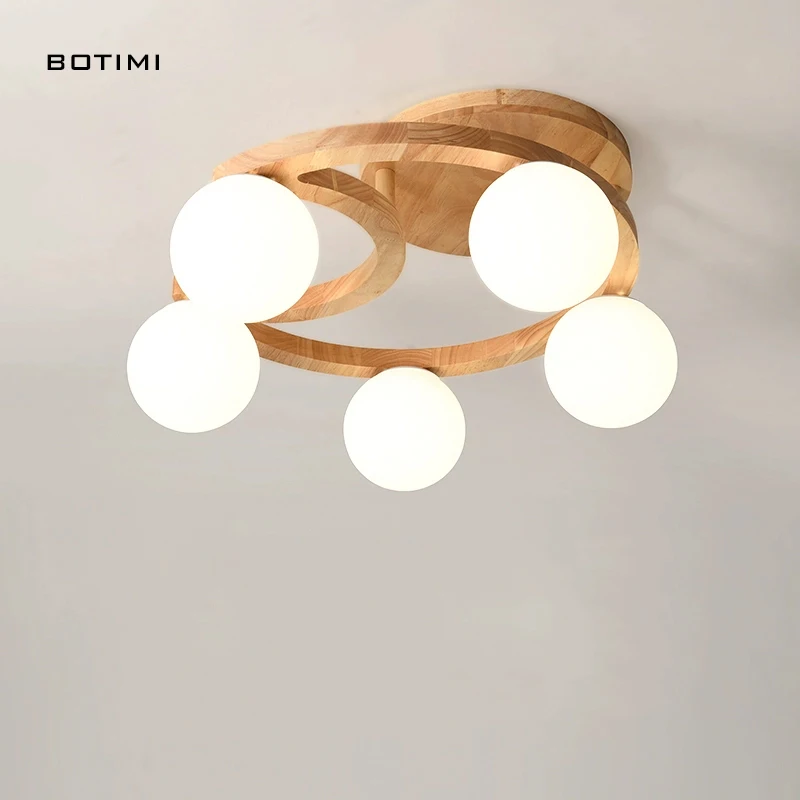 BOTIMI Moon Solid Wood Ceiling Lights With Round Glass Lampshades For Living Modern Bedroom Lamp Surface Mounted Ceiling Lamps