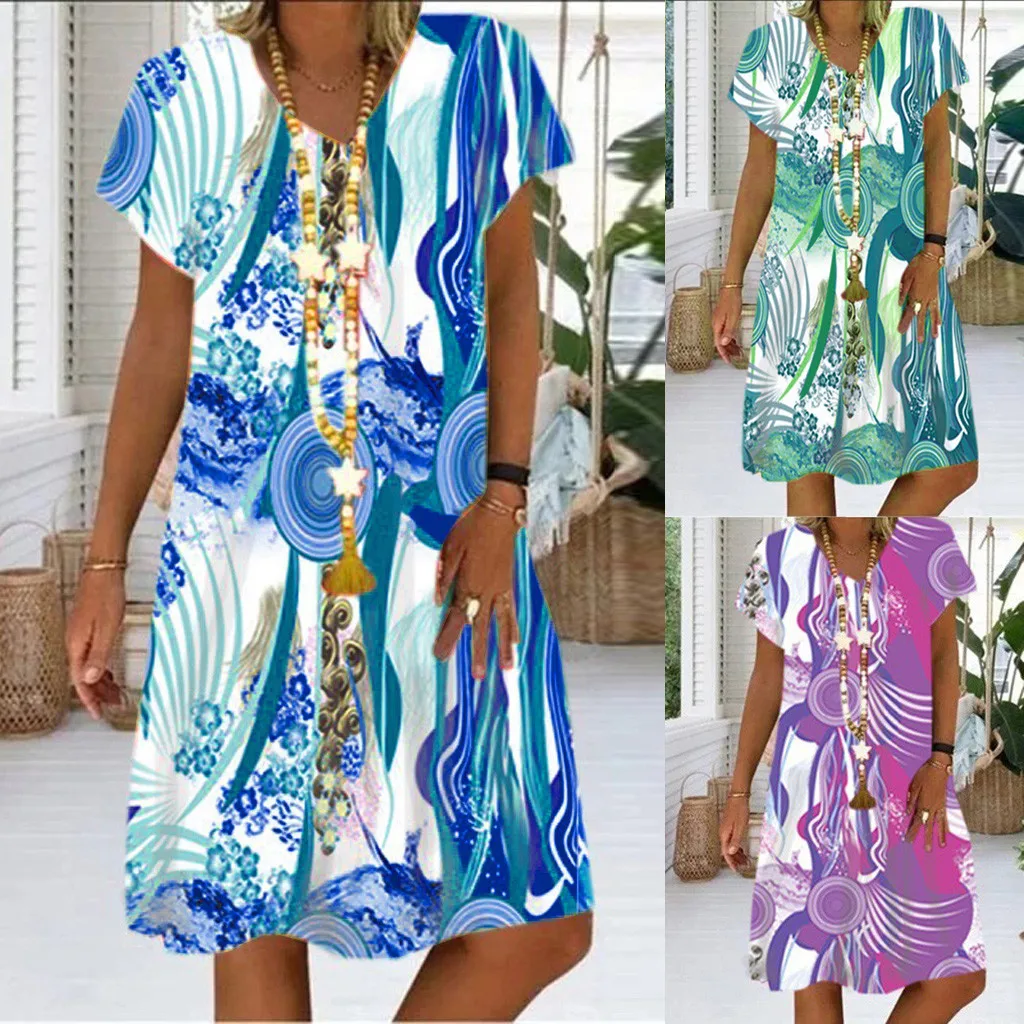 

Fashion Women Casual Colorful Tie-dye Print Short Sleeves V-Neck Loose Dress Wide Width Dress for Women