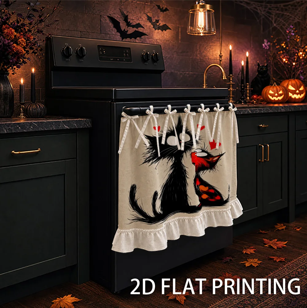 1PC kitchen stove curtain, cabinet curtain and apron. Featuring a 2D graphic design with two cats and a love heart, it can be us