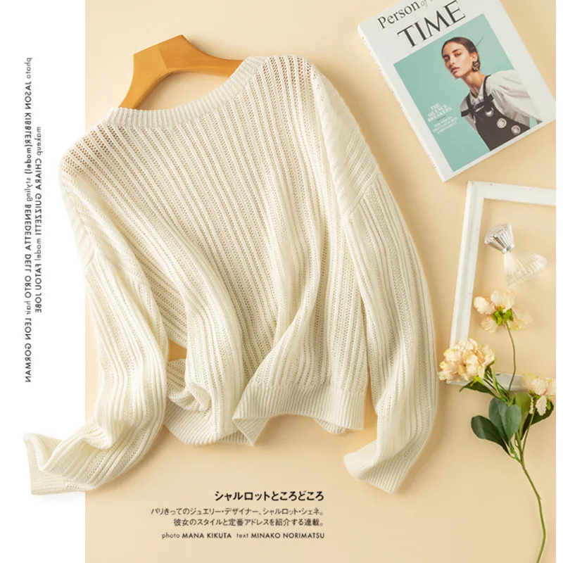 hollow jacquard fashion wool sweater top women yellow pullover clothes autumn jumper style striped womens tops pink knit cute