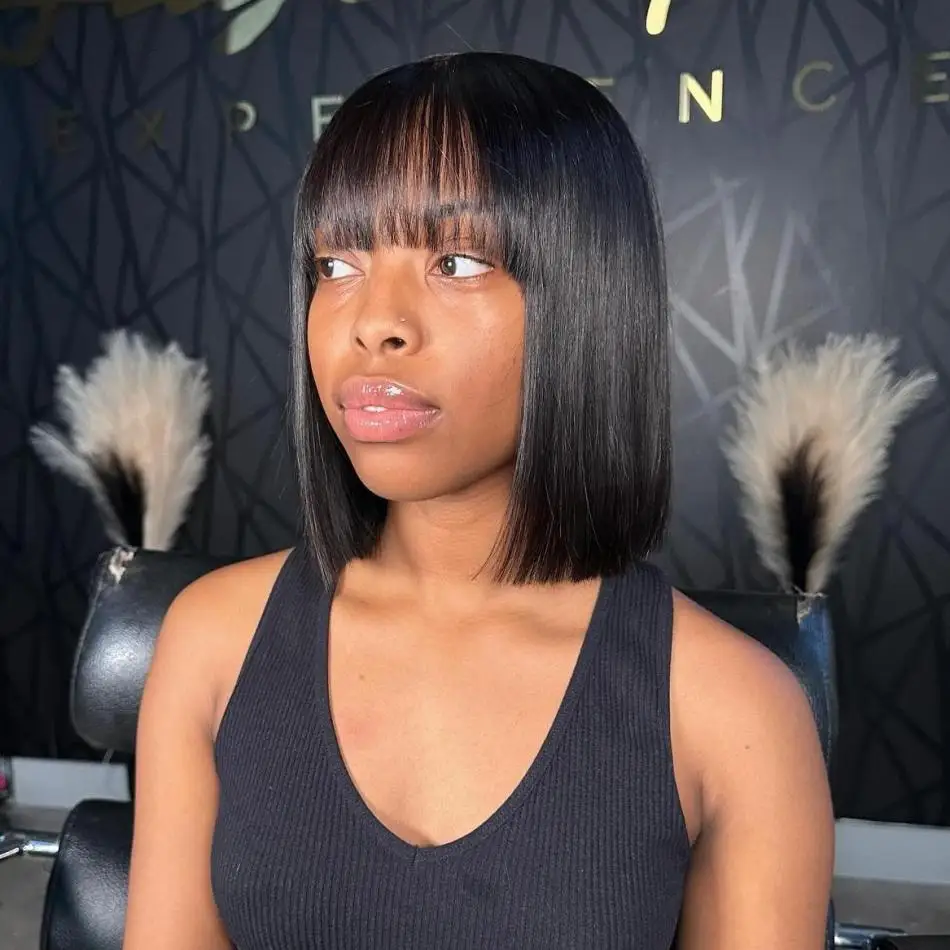 

Straight Short Bob Wigs 3X1 Middle Part Lace Summer Wig 100% Human Hair Wig With Bangs 10 12 Inch Preplucked Brazilian For Women