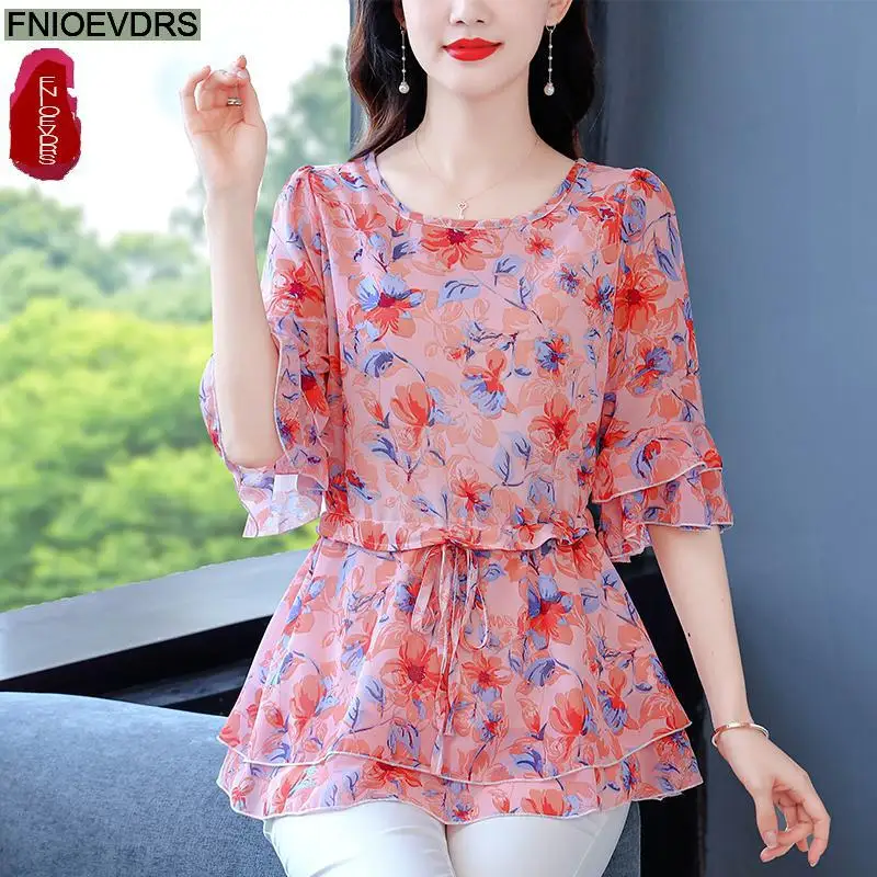 S-4XL Loose Clothes 2023 Women Summer Slim Waist Drawstring Ruffles Shirts Casual Chiffon Floral Tunic Peplum Tops And Blouses