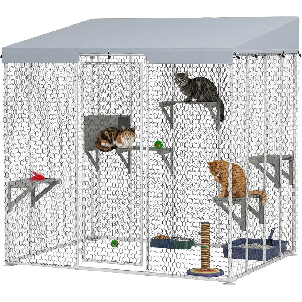 Outdoor Cat Enclosure 79 Large Walk-in Cat House, Resting Box, Waterproof Cover, 5 Jumping Platforms, Coop, Rabbit Hutch, Genera