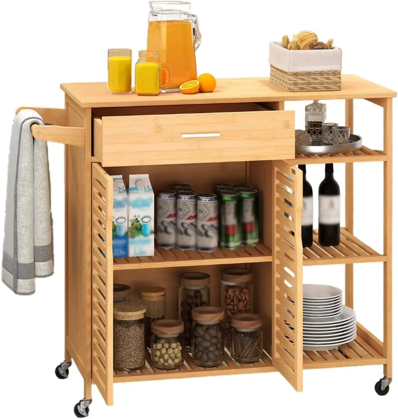 Bamboo Kitchen Island Cart, Rolling Butcher Block with Large Drawer, 2-Door Cabinet, 3-Tier Open Shelves, Towel Rack, Kitchen