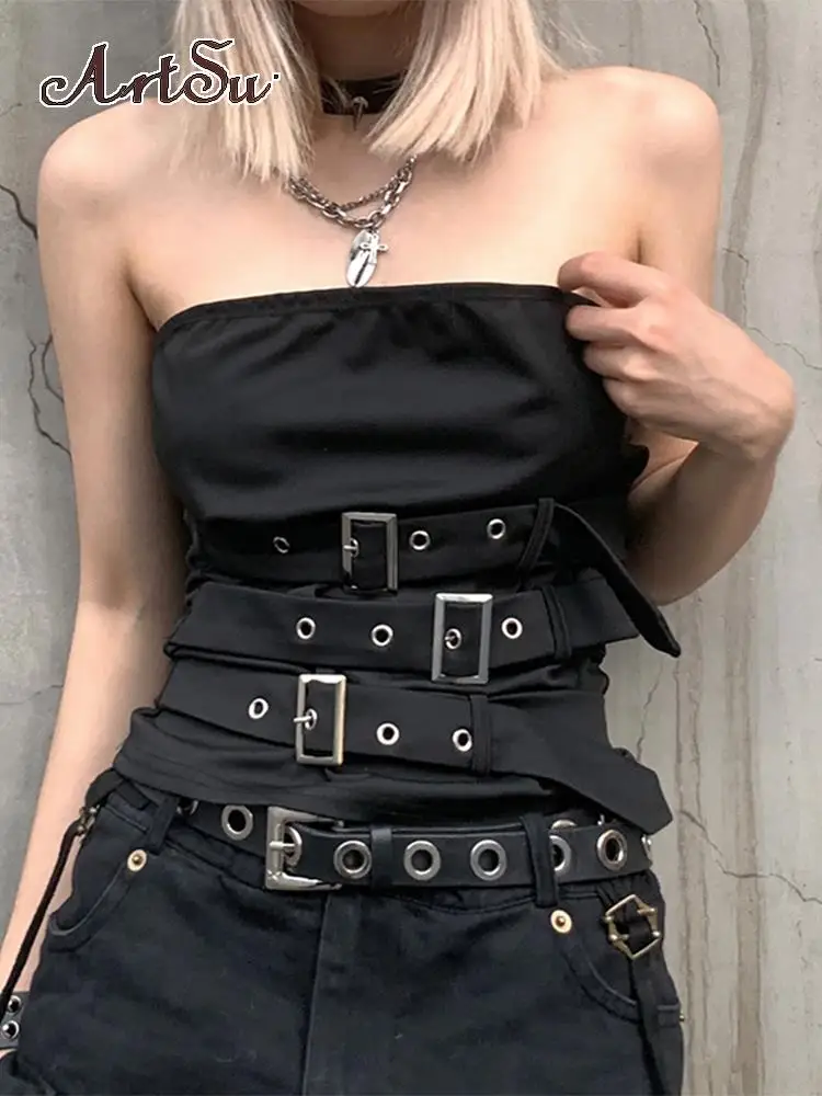 Artsu Gothic Eyelet Bandage Design Tank Camis Streetwear Fashion Punk Black Summer Sleeveless Crop Top Harajuku Vest ASVE86363