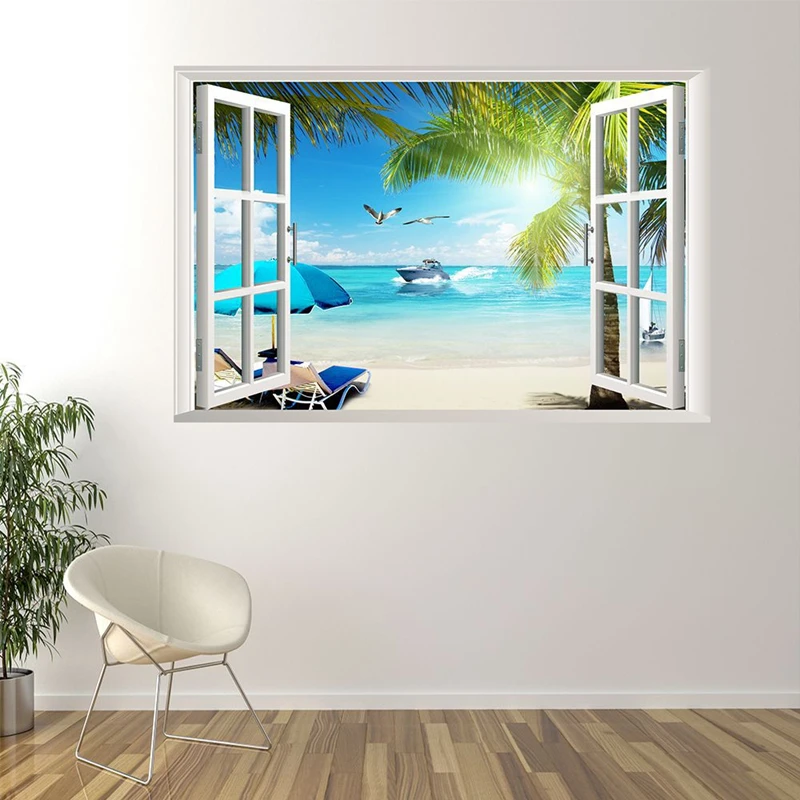 

Sea View Mural Sunshine Beach Palm Tree Seabird Vinyl Wall Stickers for Home Decoration Aesthetic Room Big Window Art Wallpaper