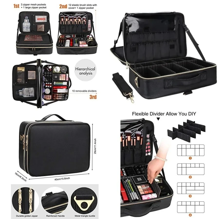 

Makeup Case Large Makeup Bag Professional Train Case 16.5 inches Travel Cosmetic Organizer Brush Holder Waterproof Makeup Artist Storage Box, Large Capacity (Leather Black)
