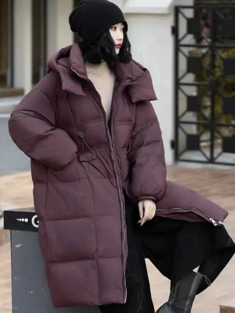 Women's Winter Jacket Hooded Down Coats Simple Casual High-end Puffer Coats Windproof Thick Loose Warm Mid-length Down Parker