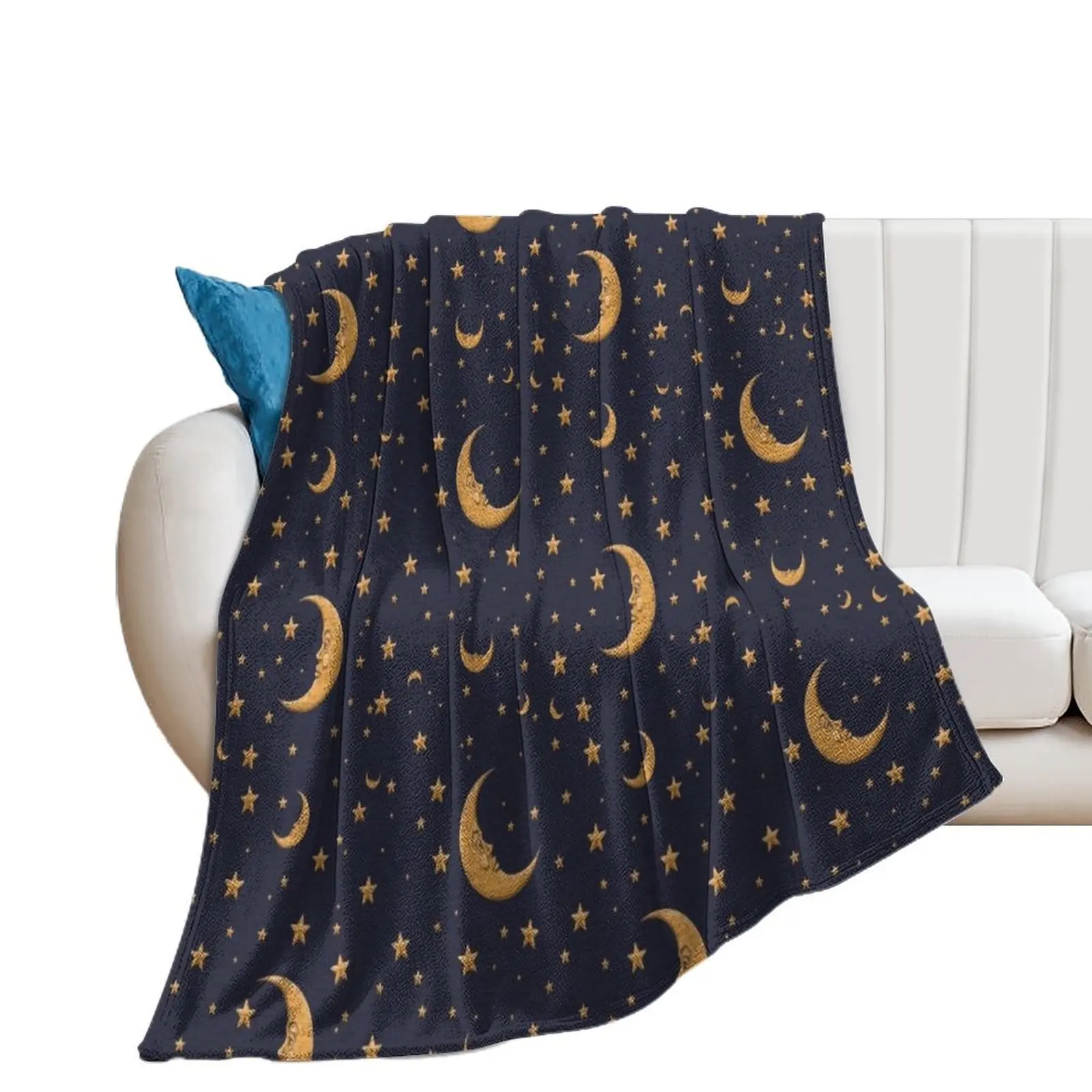 Vintage Gold Moon And Stars on Blue Throw Blanket Quilt for winter Beach Luxury Throw Blankets