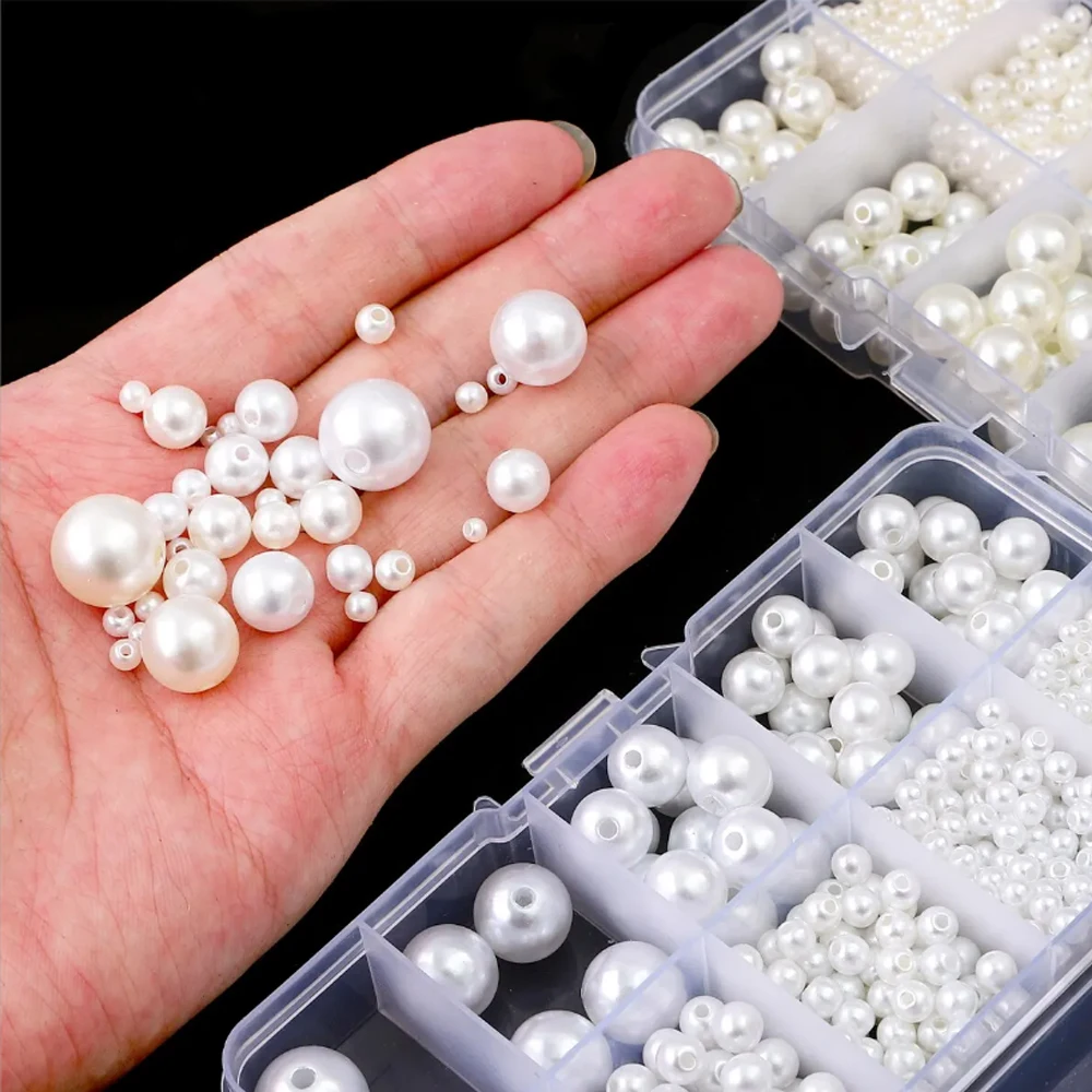 800pcs Faux Pearl Beads ABS Loose Round Beads Jewelry Craft Making White Beige DIY Clothing Beads Supplies Sewing Accessories