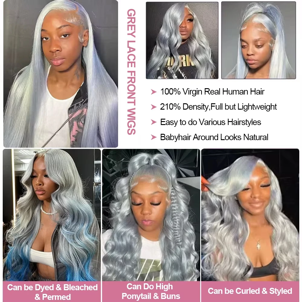 Parrucche per capelli umani anteriori in pizzo dritto grigio argento Parrucca colorata 13x6 Parrucche frontali in pizzo HD Parrucche per capelli brasiliani Pre pizzicate per le donne