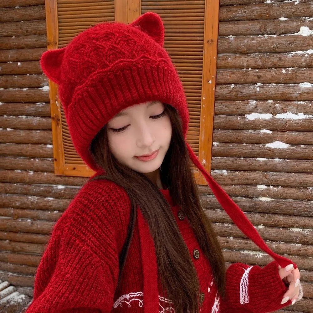 Cute Solid Color Cat Ear Beanie Windproof Keep Warm Winter Tie Strap Beanie Cold Proof Thickened Knit Earflap Hat Casual Dating