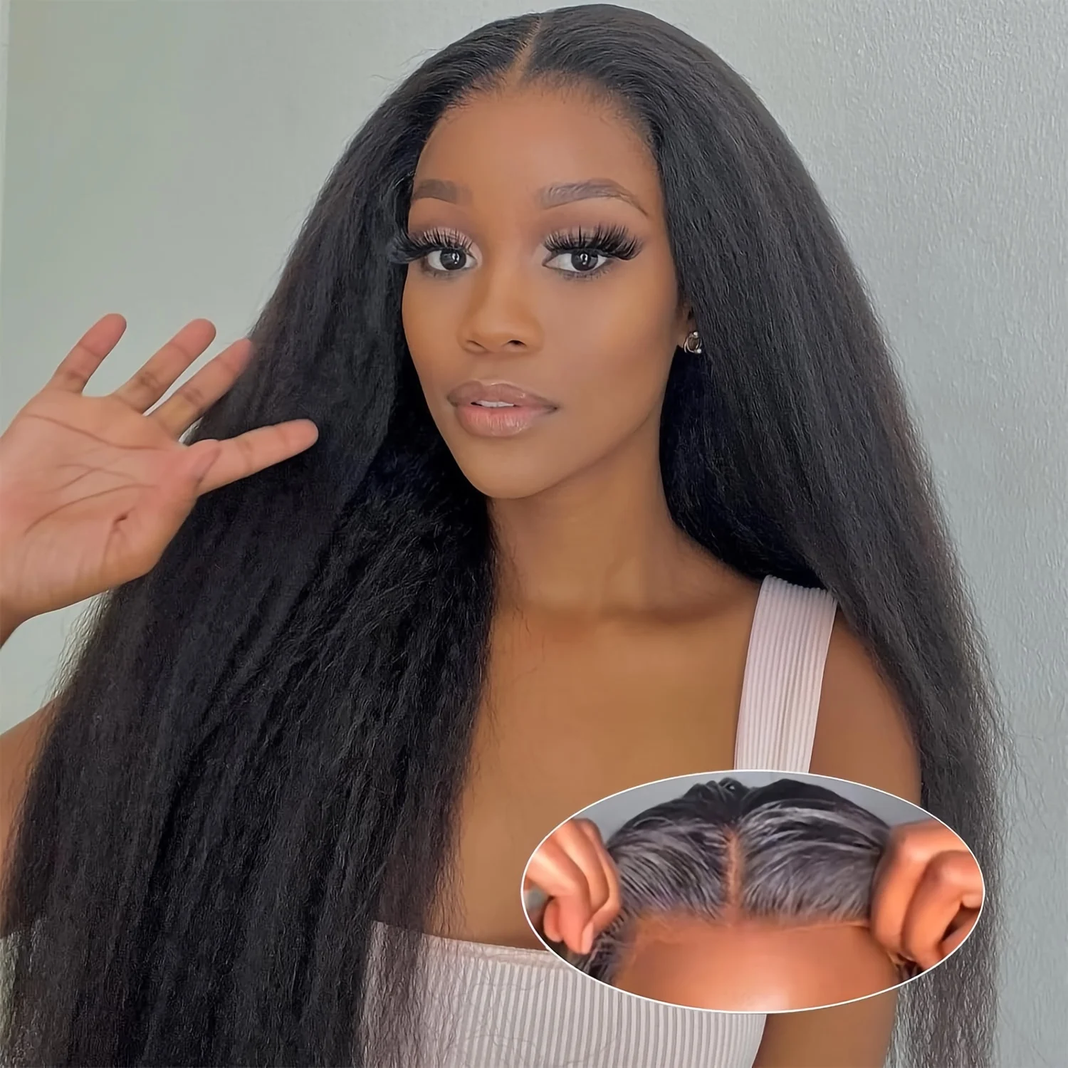 

Kinky Straight Glueless Wigs Human Hair For Women Yaki Straight Human Hair Wig Pre Cut Lace Front Wig Beginner Friendly Natural