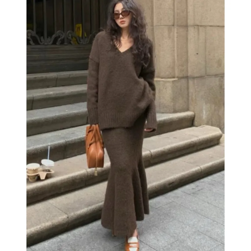 Autumn Winter New Knitted 2-piece Skirt Set Women V-neck Pullover Sweater Fishtail Midi Skirt Casual Korean Fashion Outfits