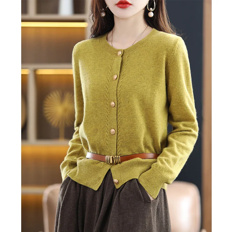 

2023 Autumn And Winter Hot Sale Sweaters Women O-neck Cardigan 100% Wool Female Tops Loose Woolen Jackets Knitwears