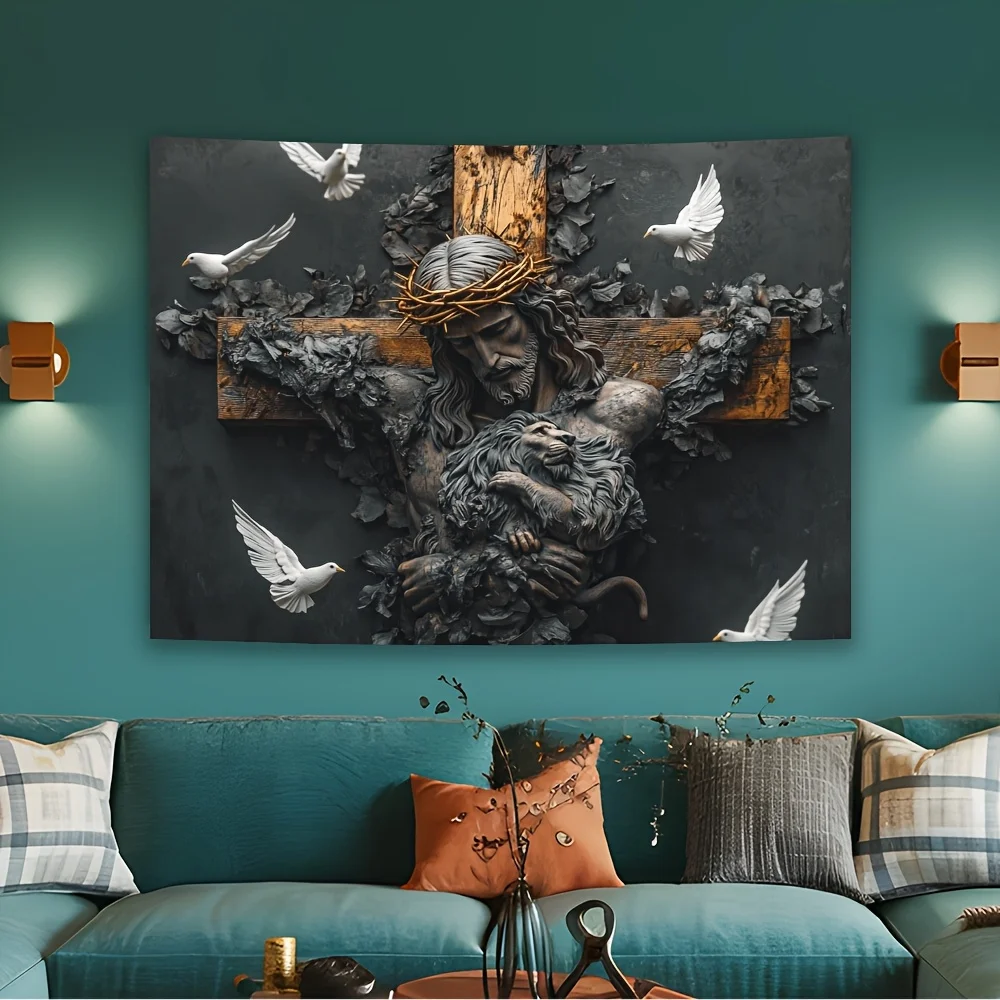 Jesus with Lion Tapestry, Religious Cross Wall Art for Bedroom or Living Room, Large Decorative Hanging, Add Spiritual Depth
