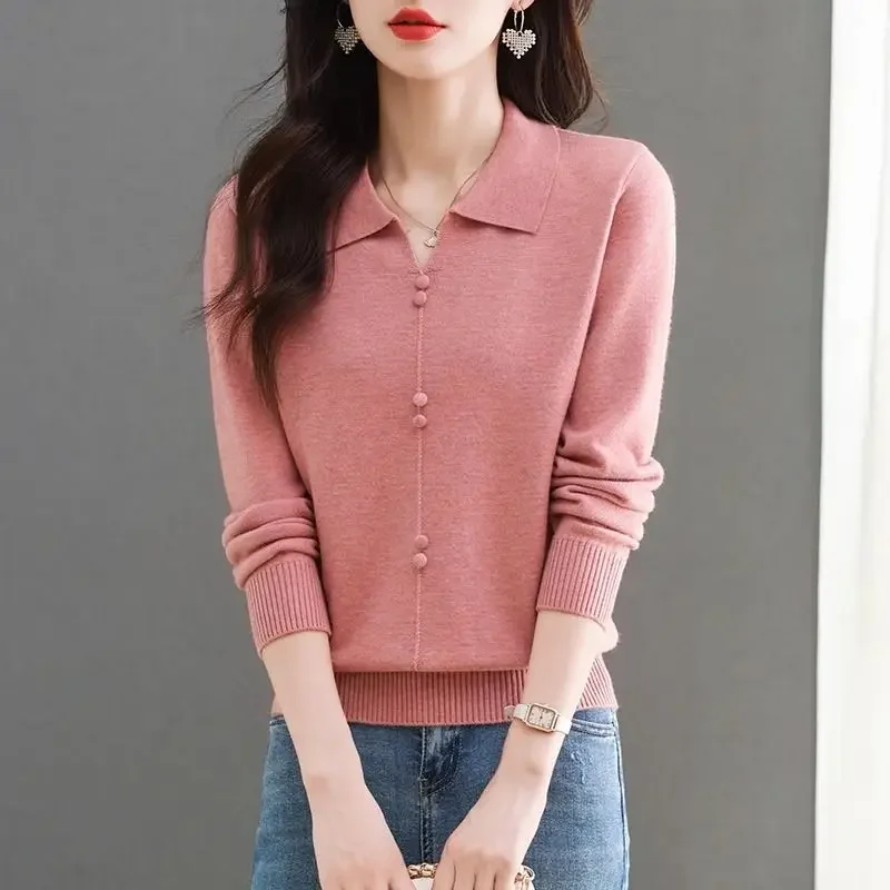 

Женский 2023 новый весенне-осенний вязаный свободный свитер с воротником-поло и лацканами