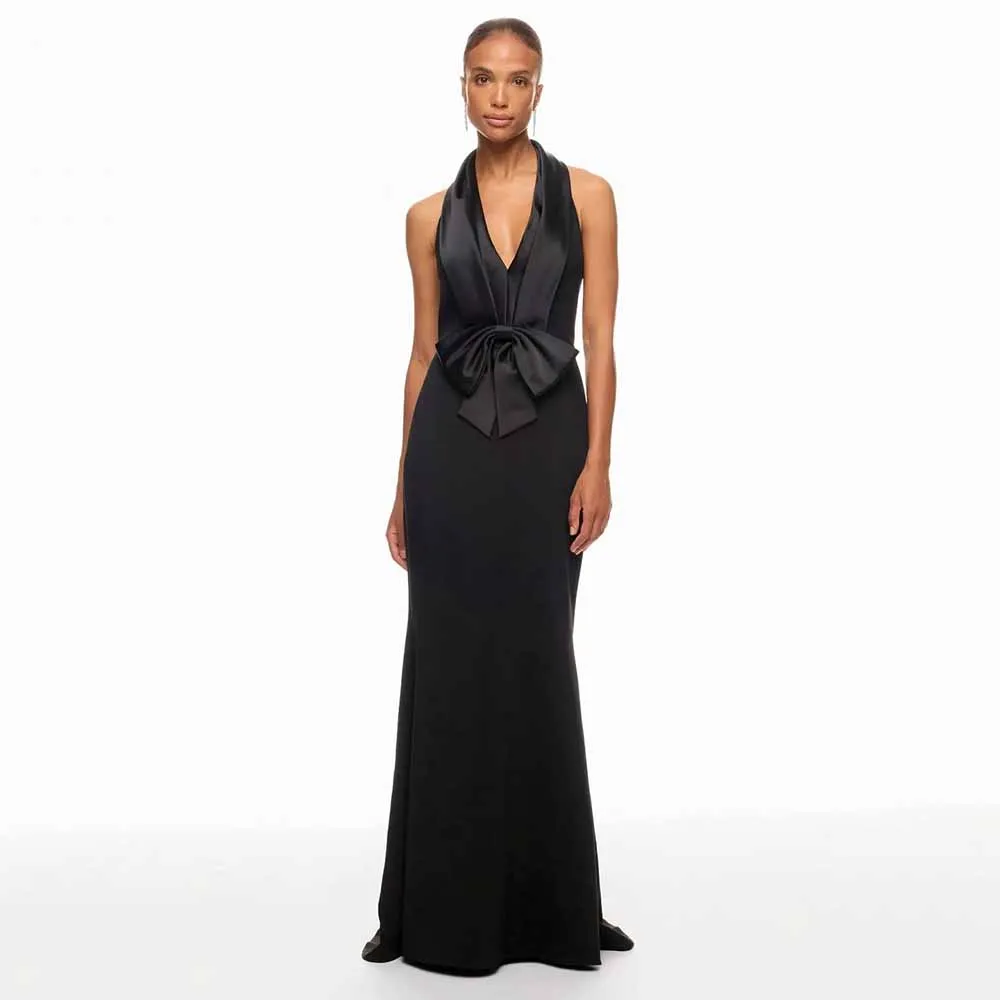 

Elegant Women's Evening Dresses 2025 Jersey Sheath/Column Valentine's Day Dress Black Halter Bow Pleat Women's Evening Ball Gown
