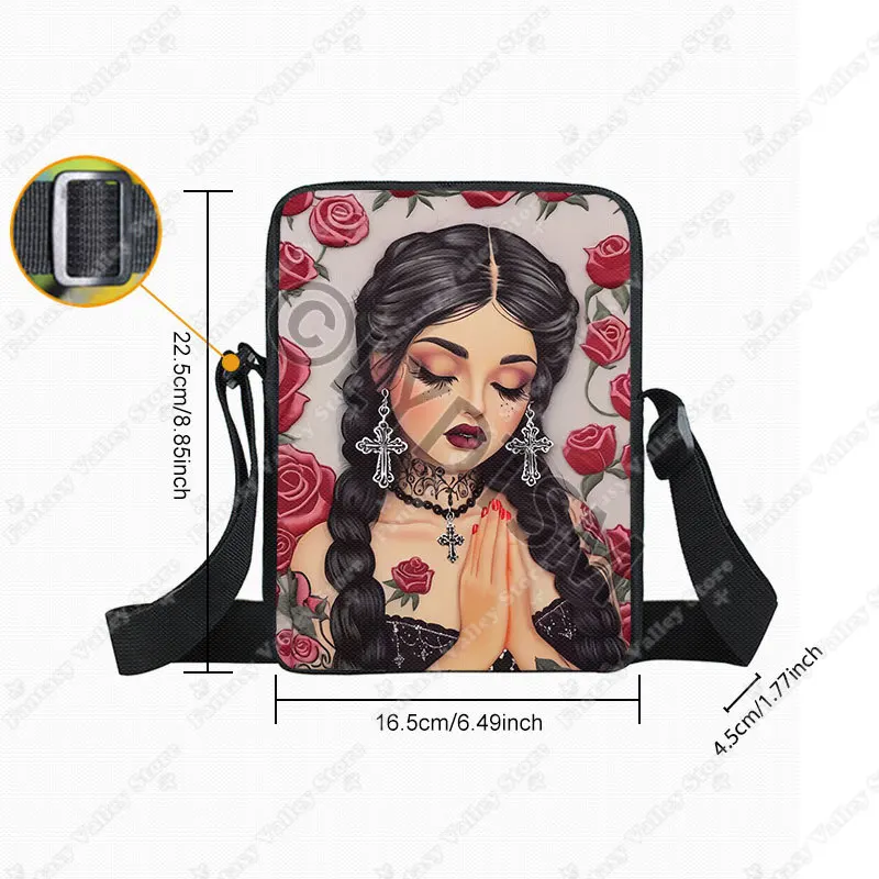 Cartoon Gothic Girl Prayer Print Crossbody Bag Christian Prayer Blessing Women Handbag Shoulder Bag Messenger Bag Phone Holder