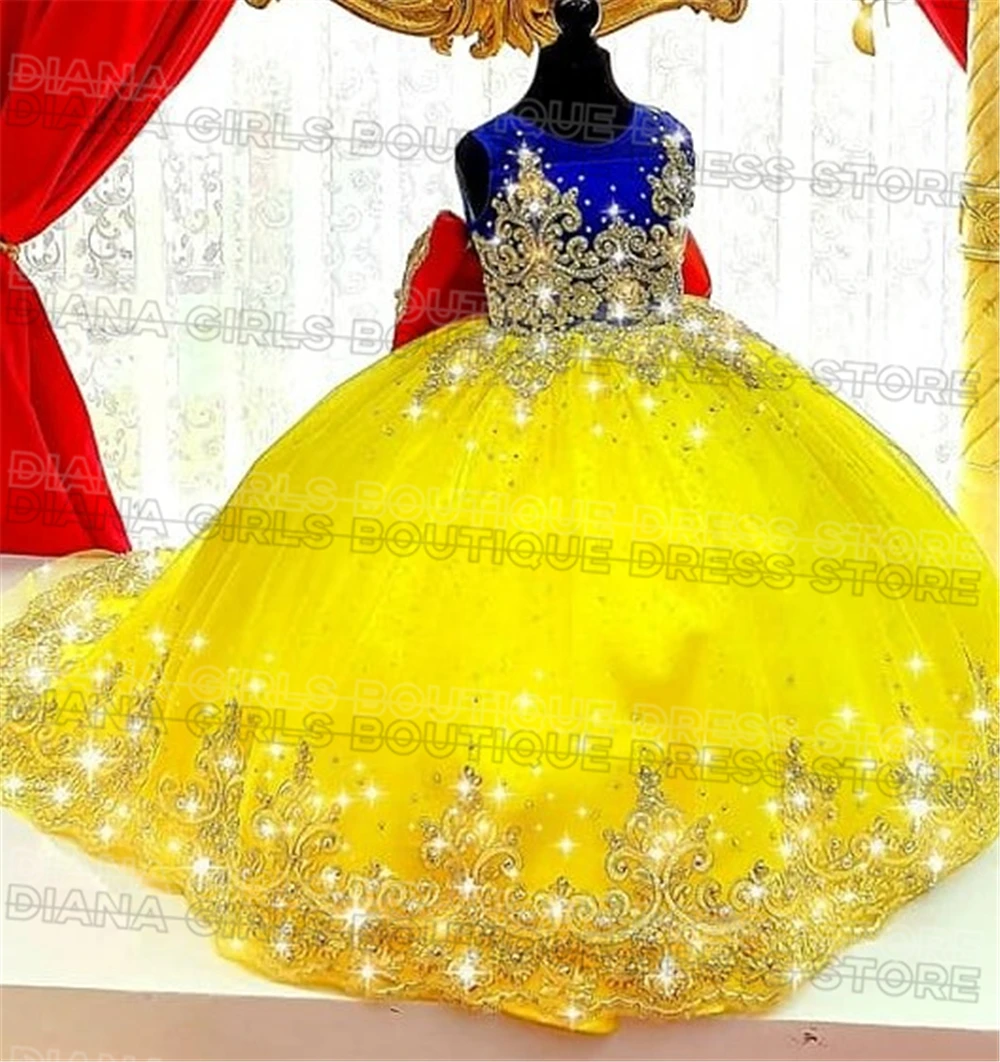 Gorgeous Yellow Flower Girl Dress Tulle Fluffy With Quality Gold Lace Applique Big Bow Little Princess Birthday Party Ball Gowns
