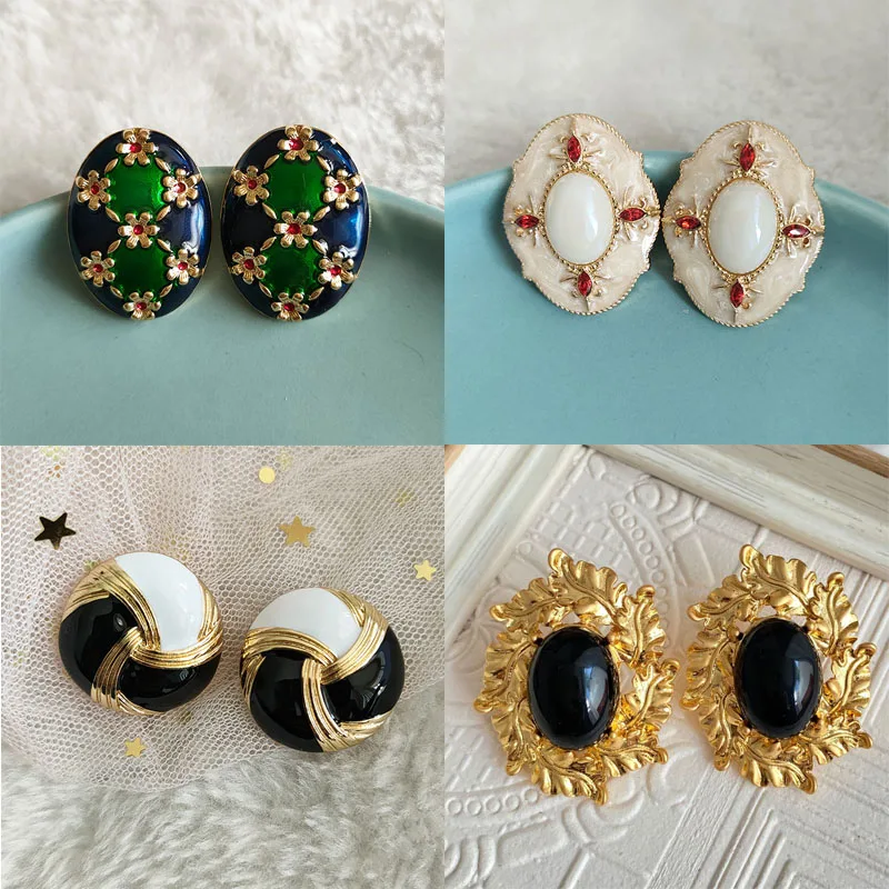 Nostalgic Blackish Green Contrasting Color Vintage Geometric Ear Clips Without Ear Hole Colored Glaze Big Round Clip on Earrings