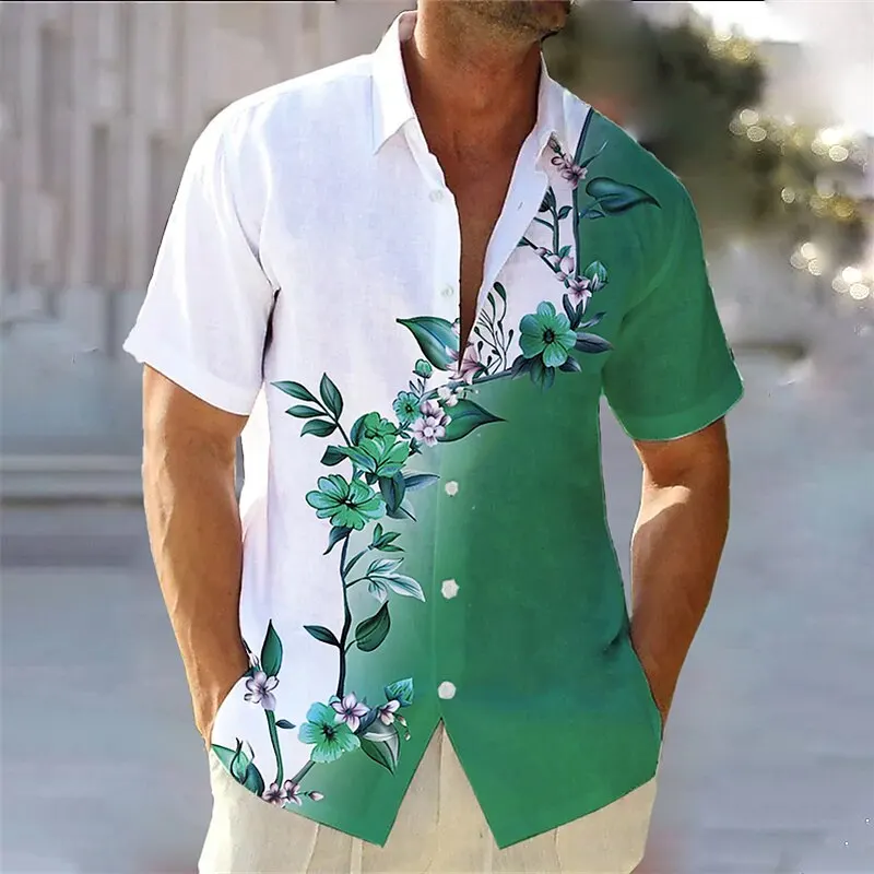 Men\'s Hawaiian Short Sleeve Shirt Gradient Floral Print Men\'s Casual Open Lapel Comfort Top High End Men\'s Shirt